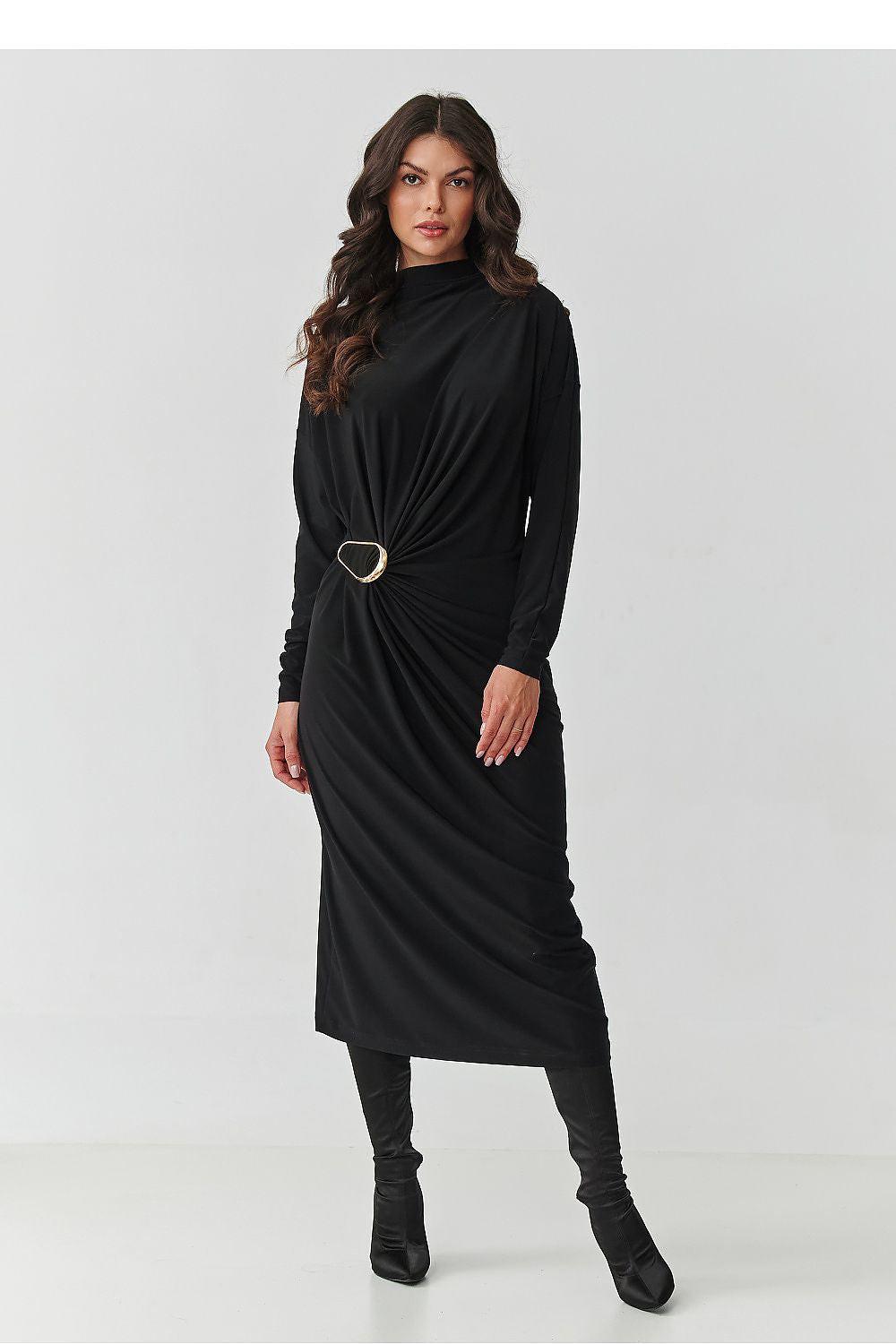 Black midi daydress with side drape ruching and oval buckle at waist