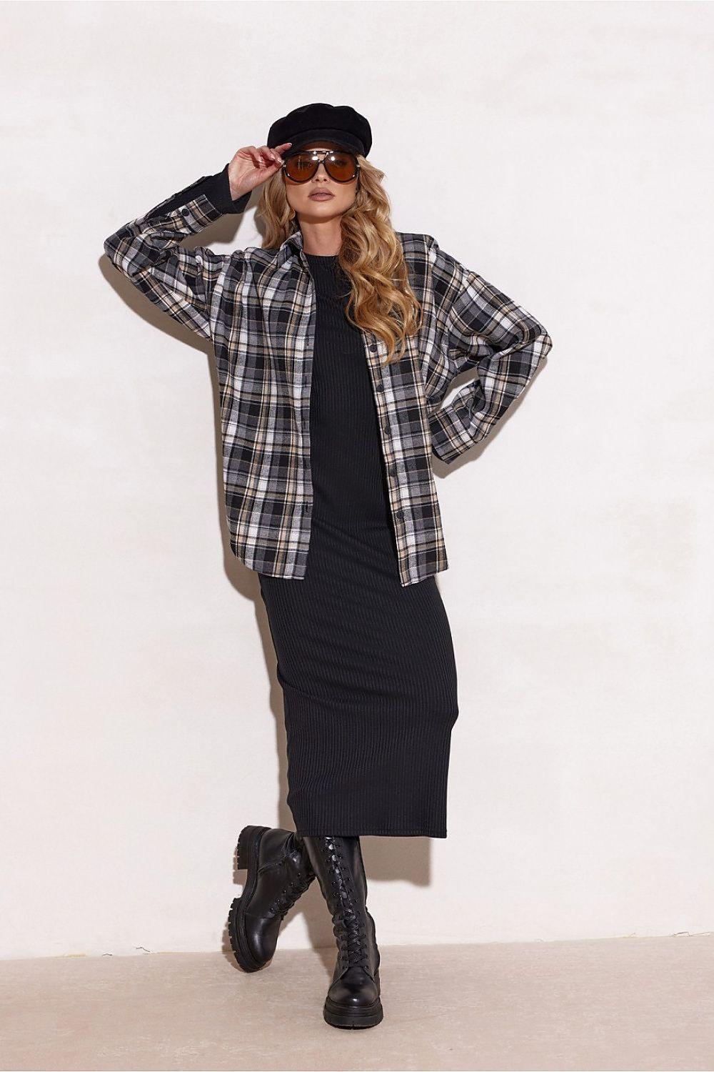 Plaid long sleeve shirt in black, white, and tan, button-front, relaxed fit
