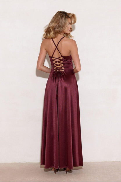 Burgundy long dress with crisscross open back and spaghetti straps, side slit