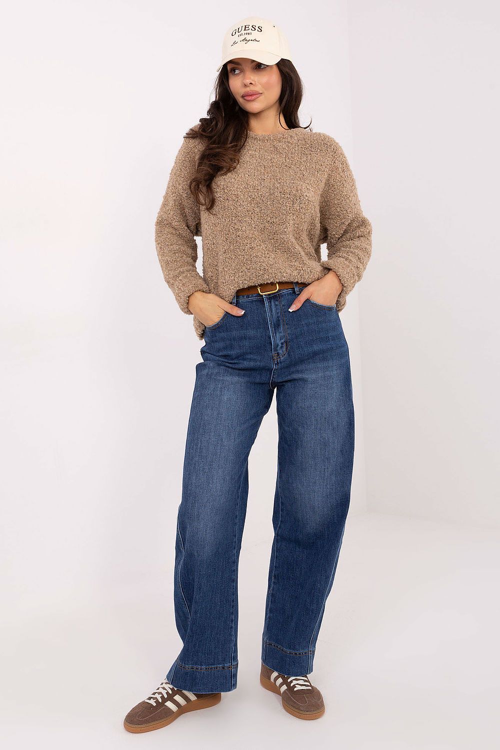 Blue wide-leg jeans with button fly, belt loops, and front pockets
