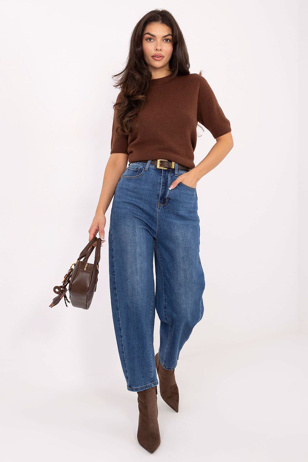 Blue denim jeans with button fly, belt loops, and straight leg