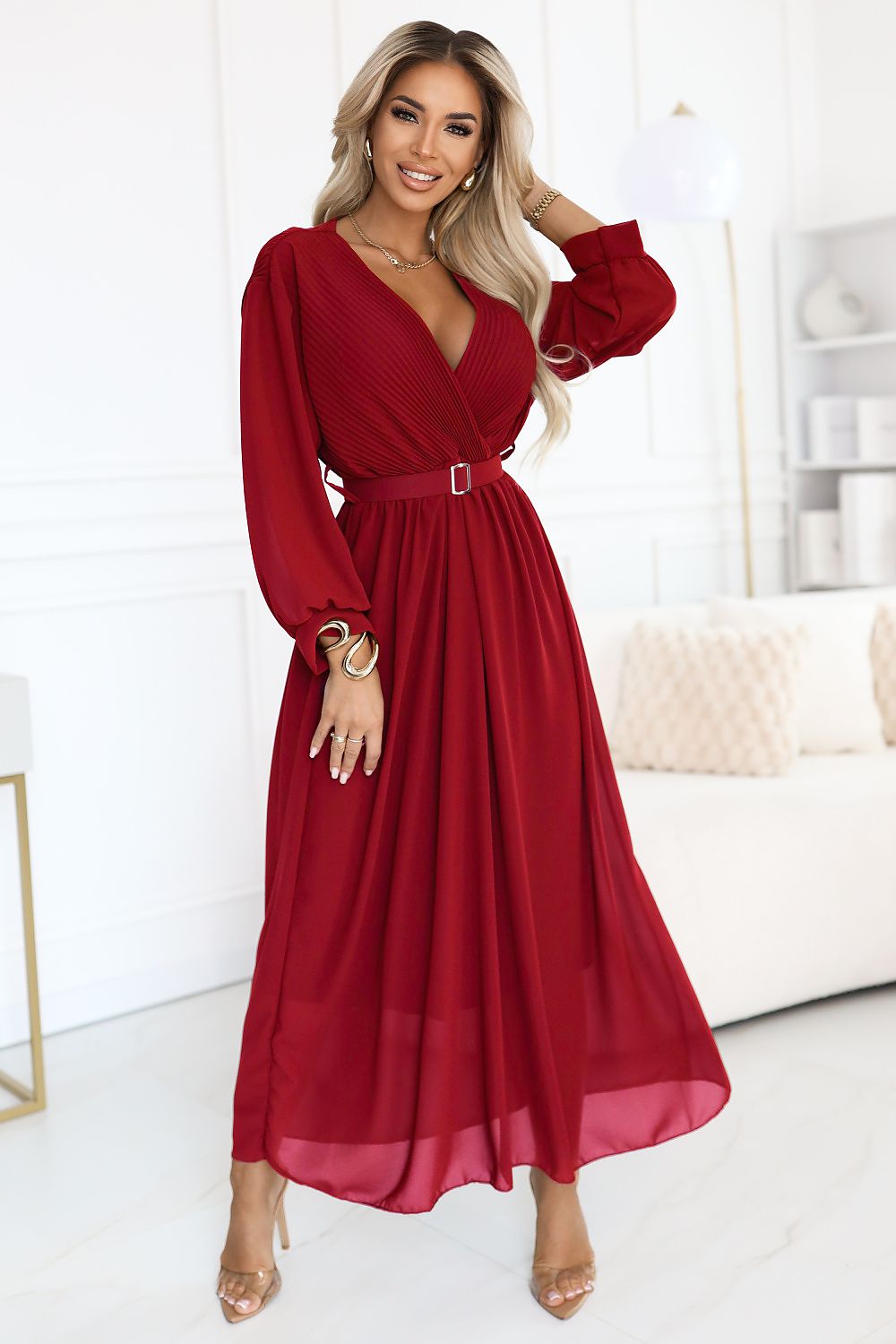 Red Numoco daydress with V-neck, long puff sleeves and waist belt