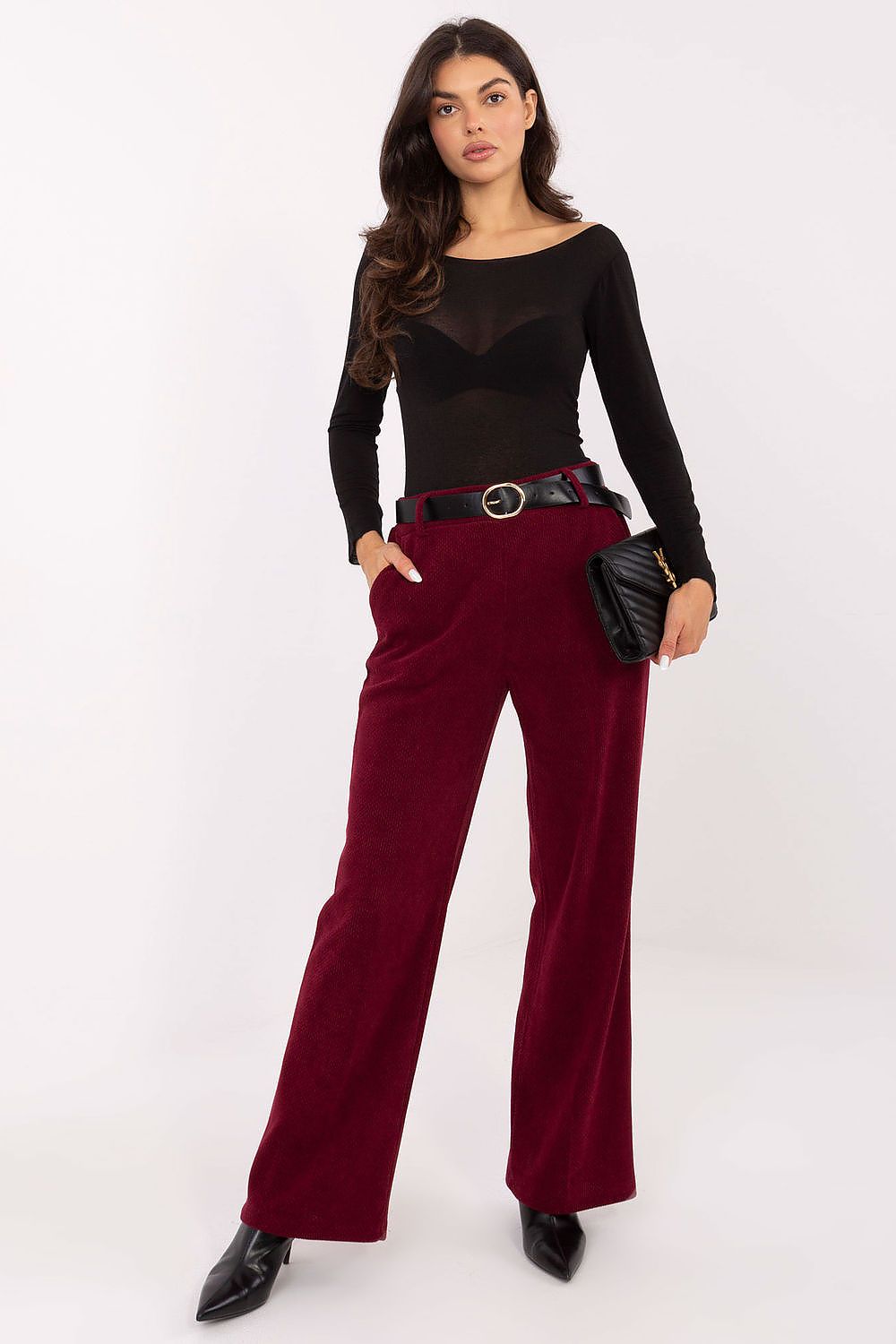 Red corduroy wide-leg trousers with button-and-zip fly and belt loops