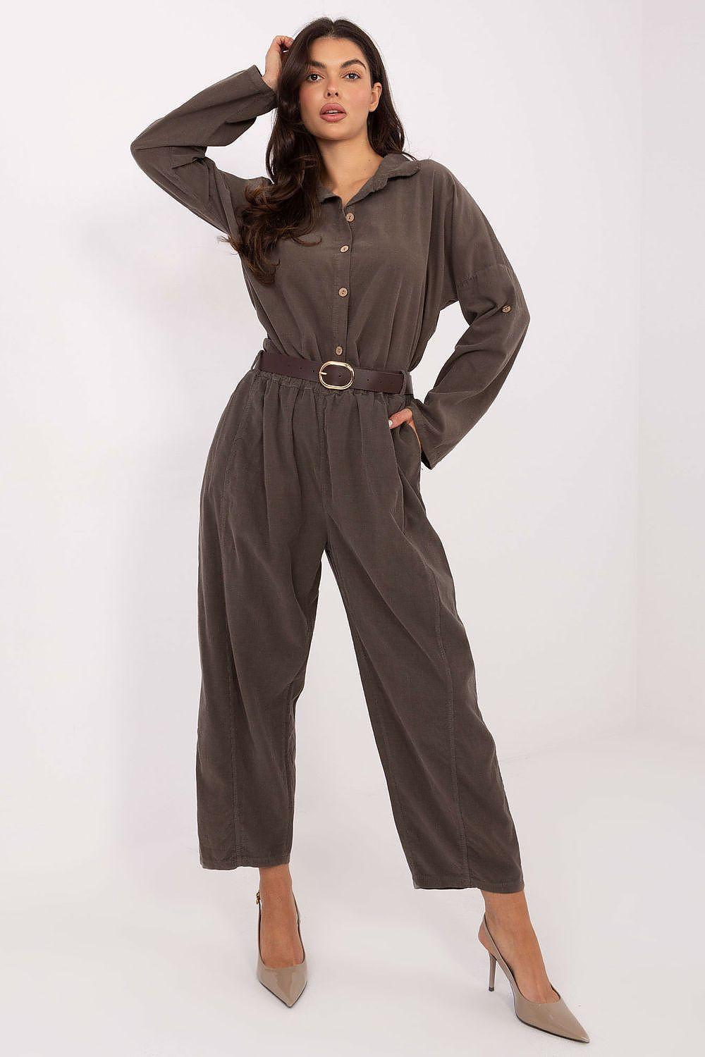 High-waist loose trousers with button front and matching belt, dark fabric