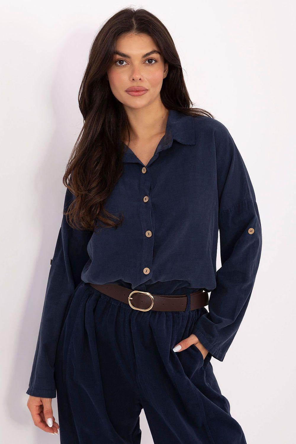 Blue corduroy long-sleeve shirt with button front and pointed collar