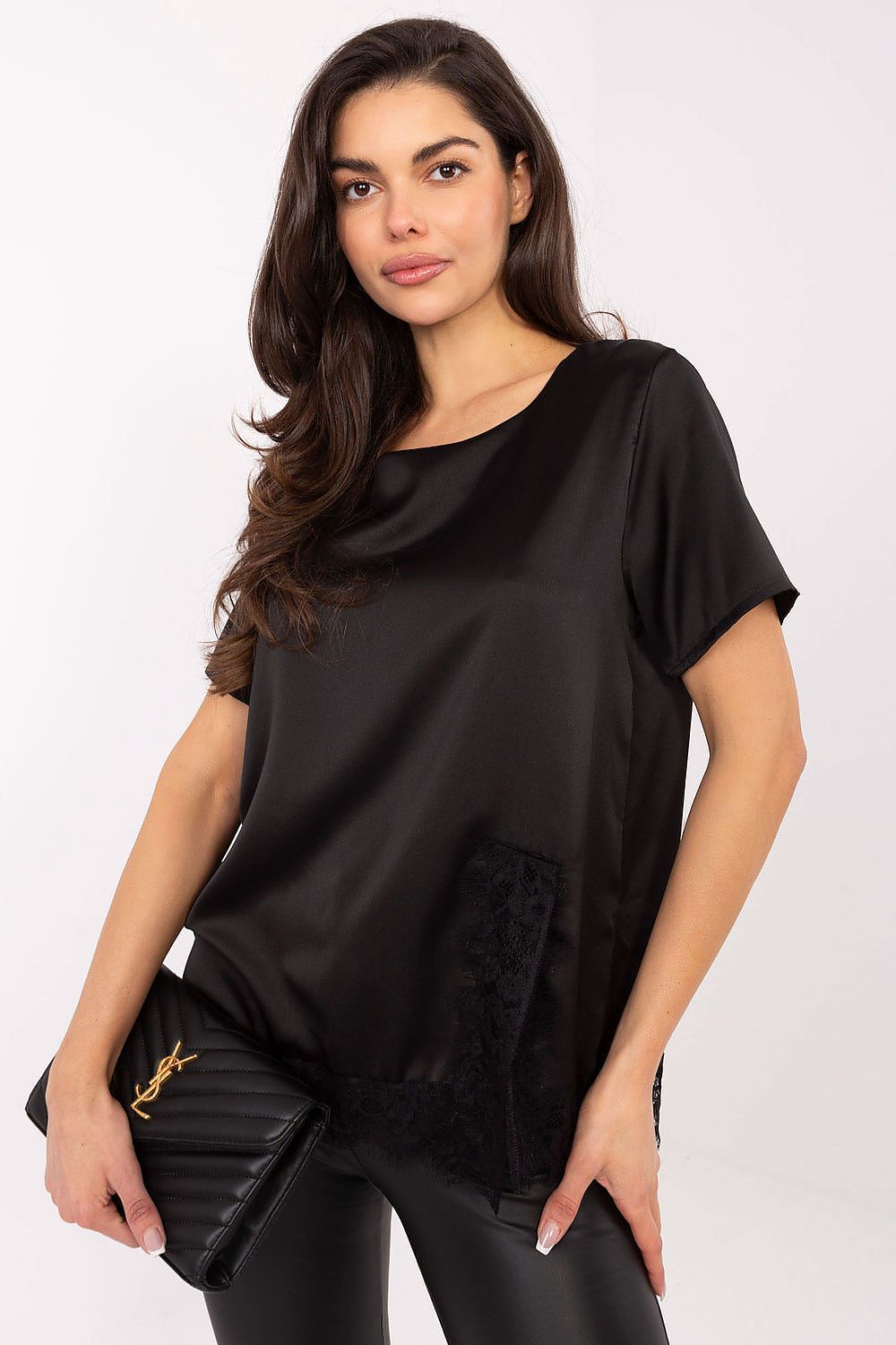 Black satin blouse with short sleeves, round neck, and lace panel at hem.