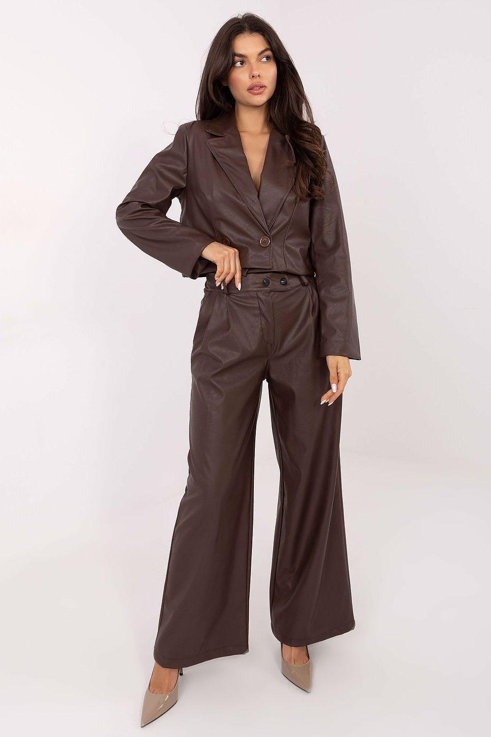 Brown eco leather wide-leg high-waist trousers with button and belt loops