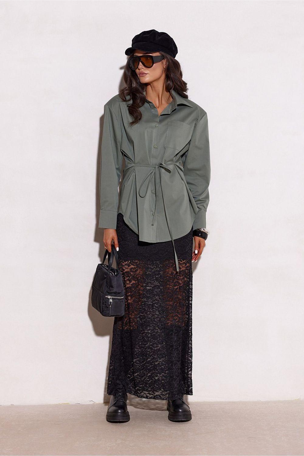 Women's long-sleeve green shirt with hood, drawstring waist, front button placket
