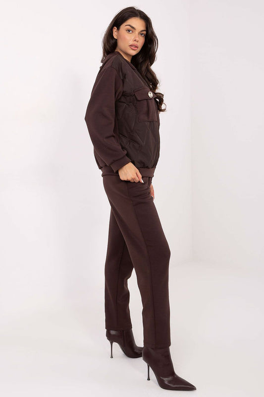 Brown zip-front hoodie jacket and matching pants set with drawstring hood and pockets