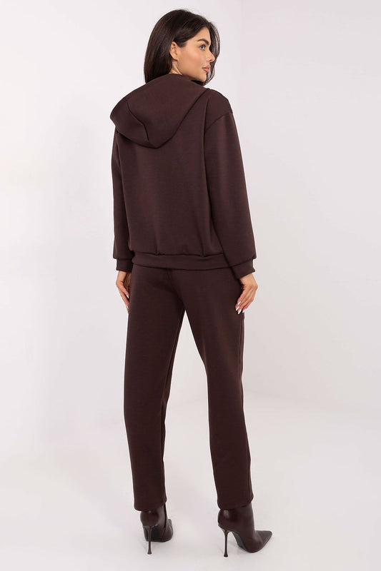 Maroon zip-front hoodie jacket and matching pants set with drawstring hood and side pockets