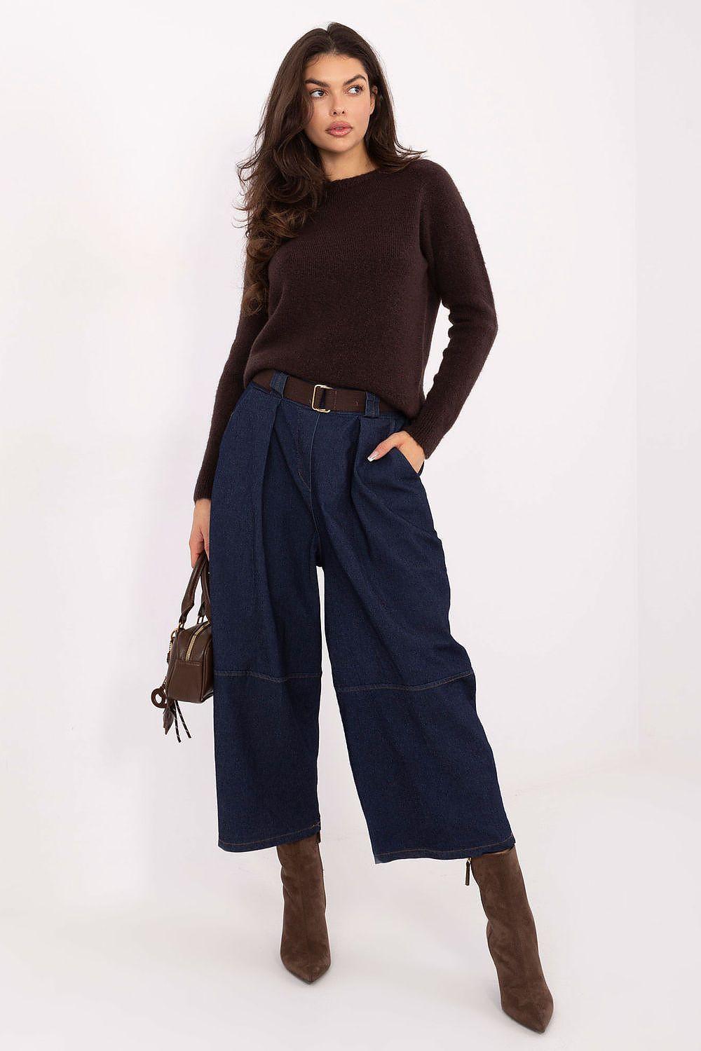 High-waist navy denim culotte jeans with wide legs