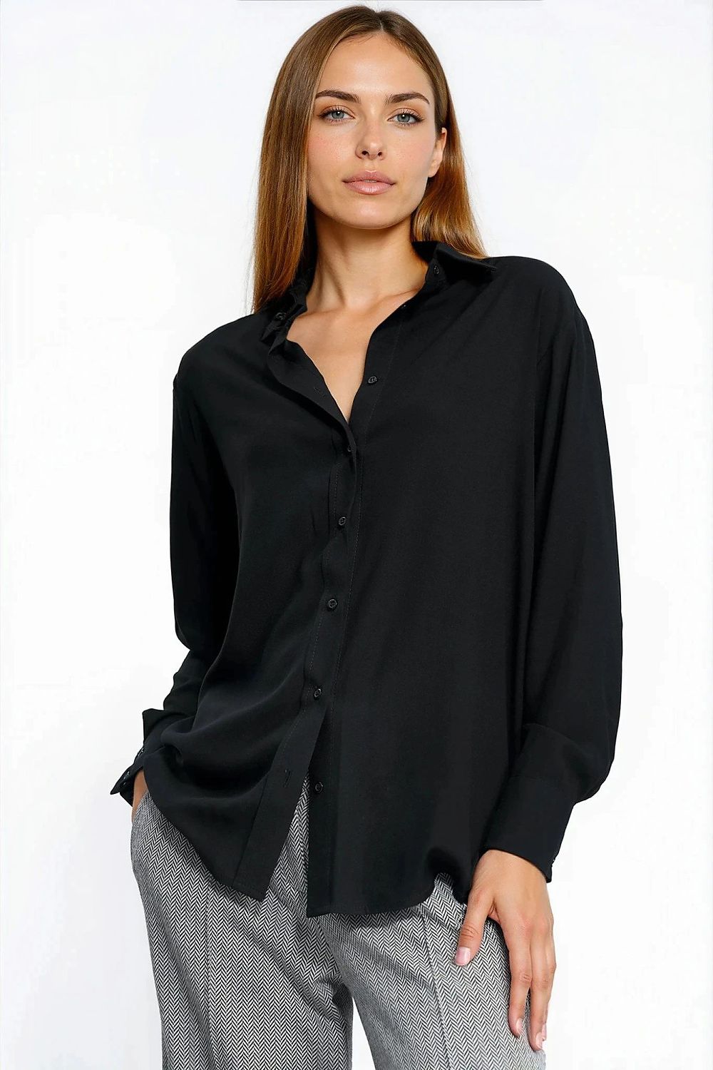 Black long-sleeve button-up shirt with V-neck collar and cuffed sleeves