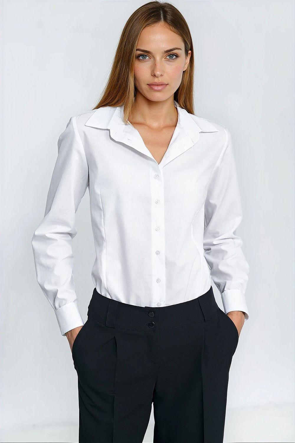 Nife tailored long-sleeve button-up shirt, white with pointed collar and cuffs