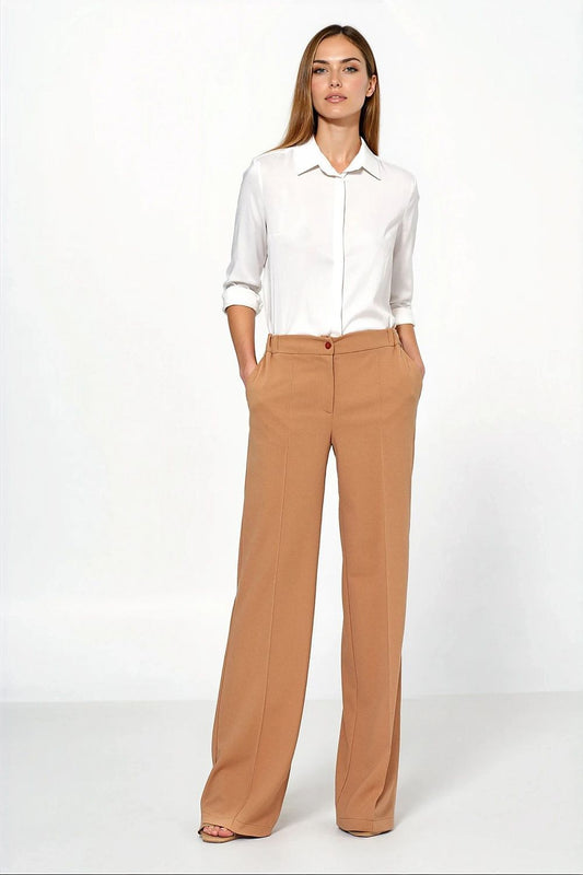 Brown wide-leg trousers with button waistband detail