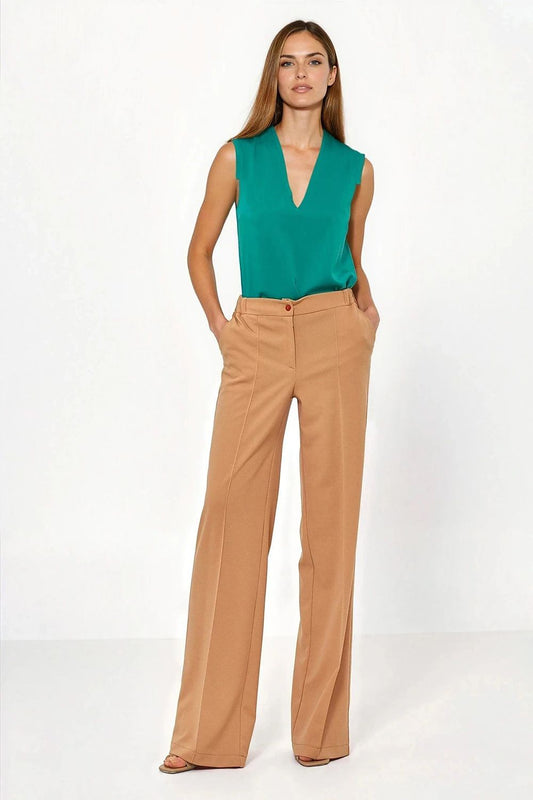 Camel wide-leg trousers with front button closure