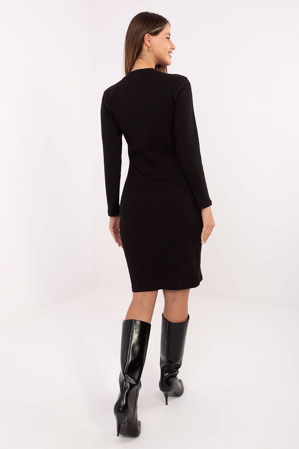 Black ribbed midi daydress, back view with long sleeves and fitted waist