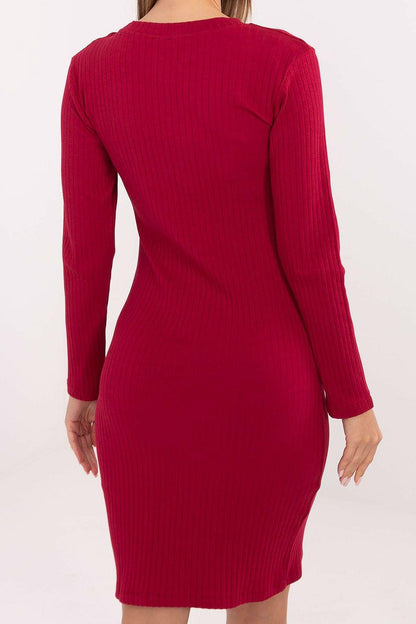 Red ribbed midi daydress, back view with long sleeves and tapered silhouette