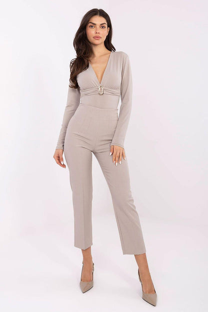 Women’s beige ankle-length straight-leg trousers with belt loops