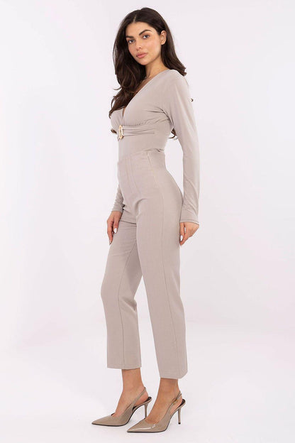 Women’s beige ankle-length straight-leg trousers with belt loops