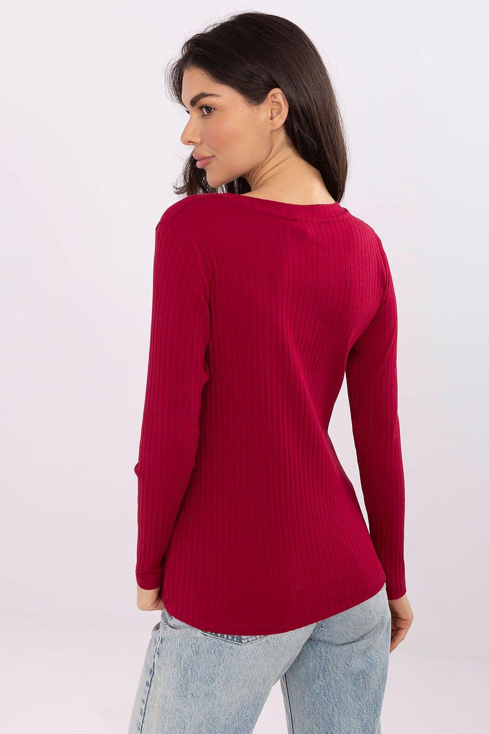 Red ribbed knit V-neck long-sleeve blouse, back view