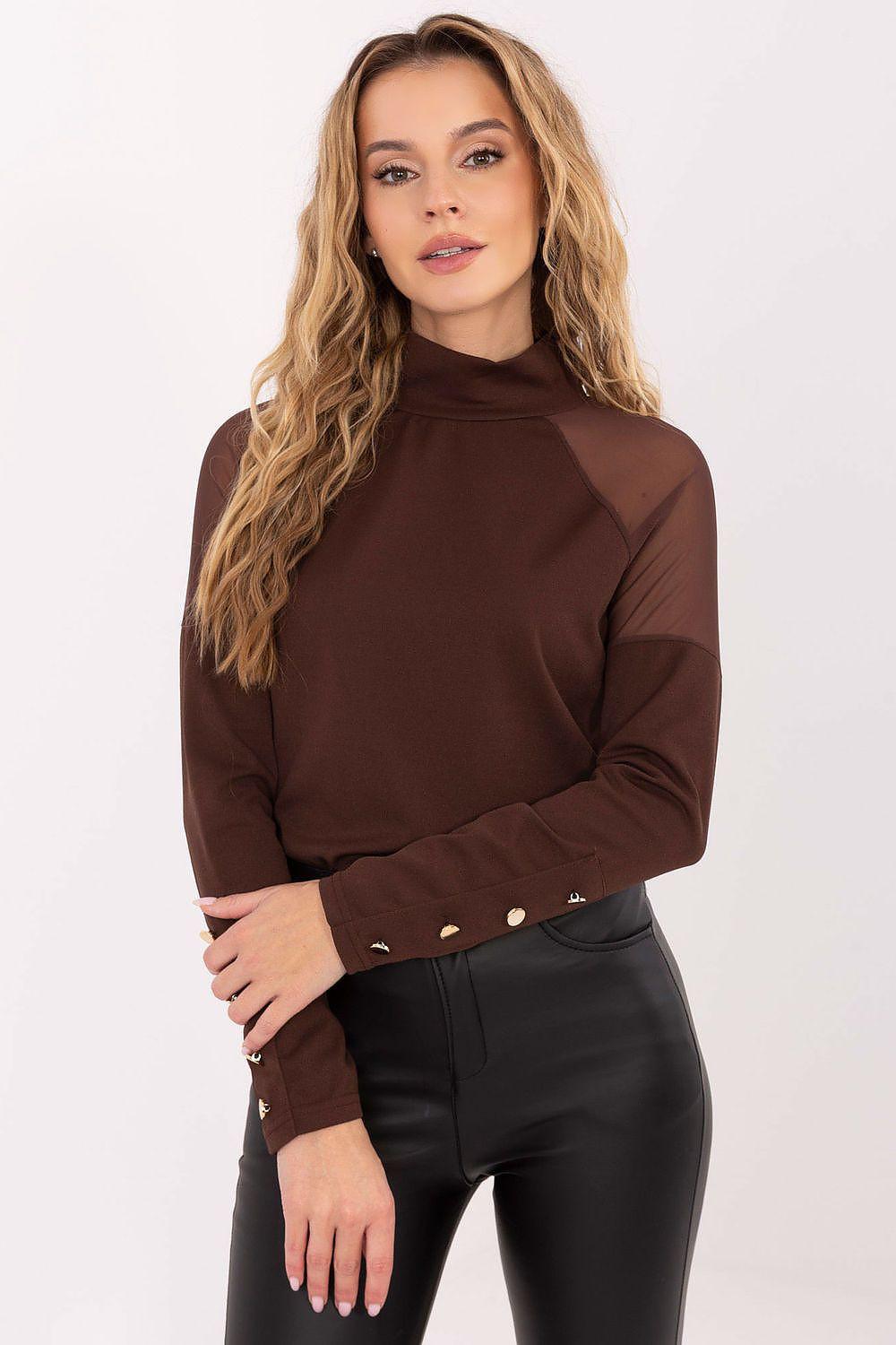 Brown mesh-shoulder blouse with high neck and long sleeves, gold button accents.
