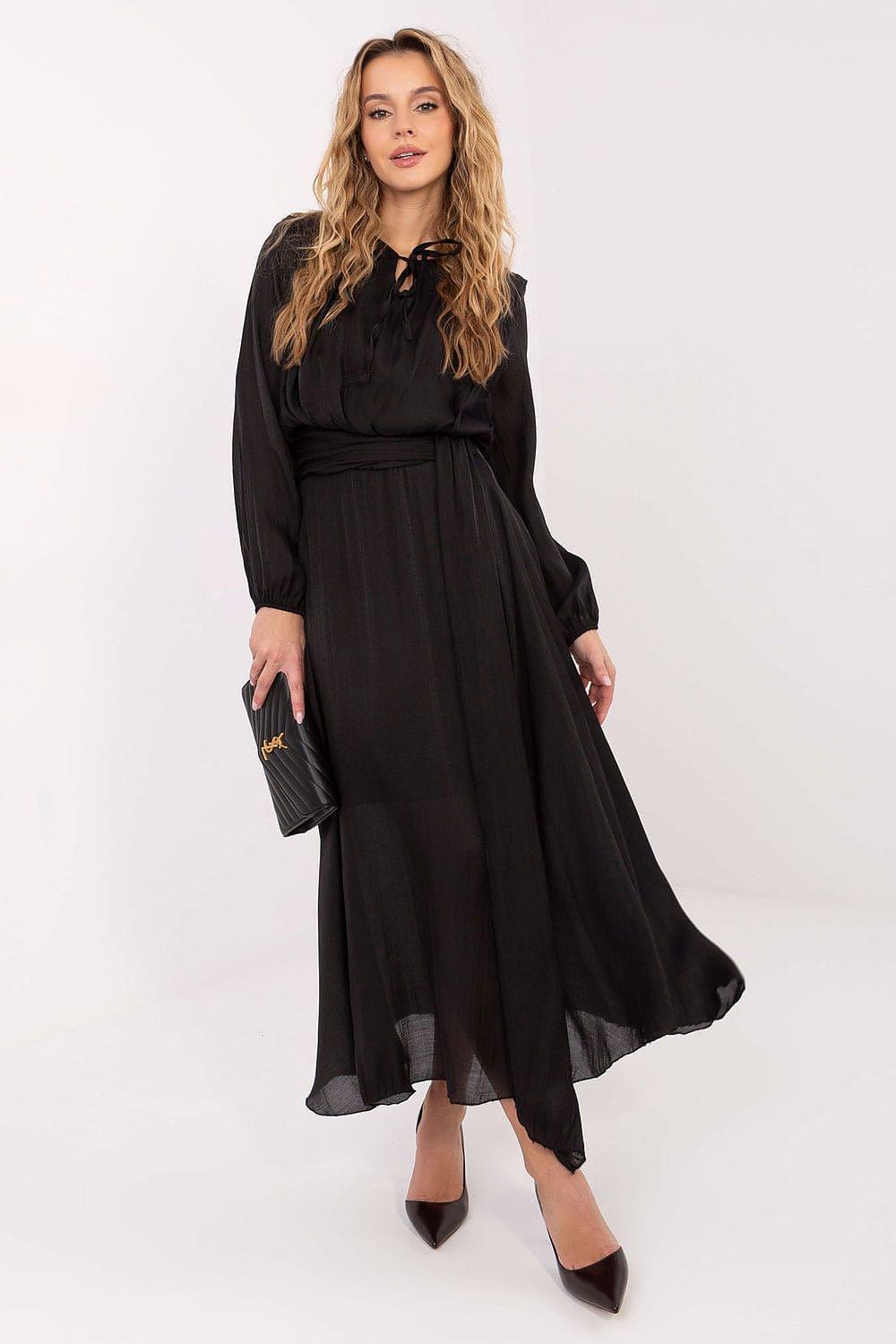 Black day dress with long sleeves, buttoned neckline and belted waist, midi length