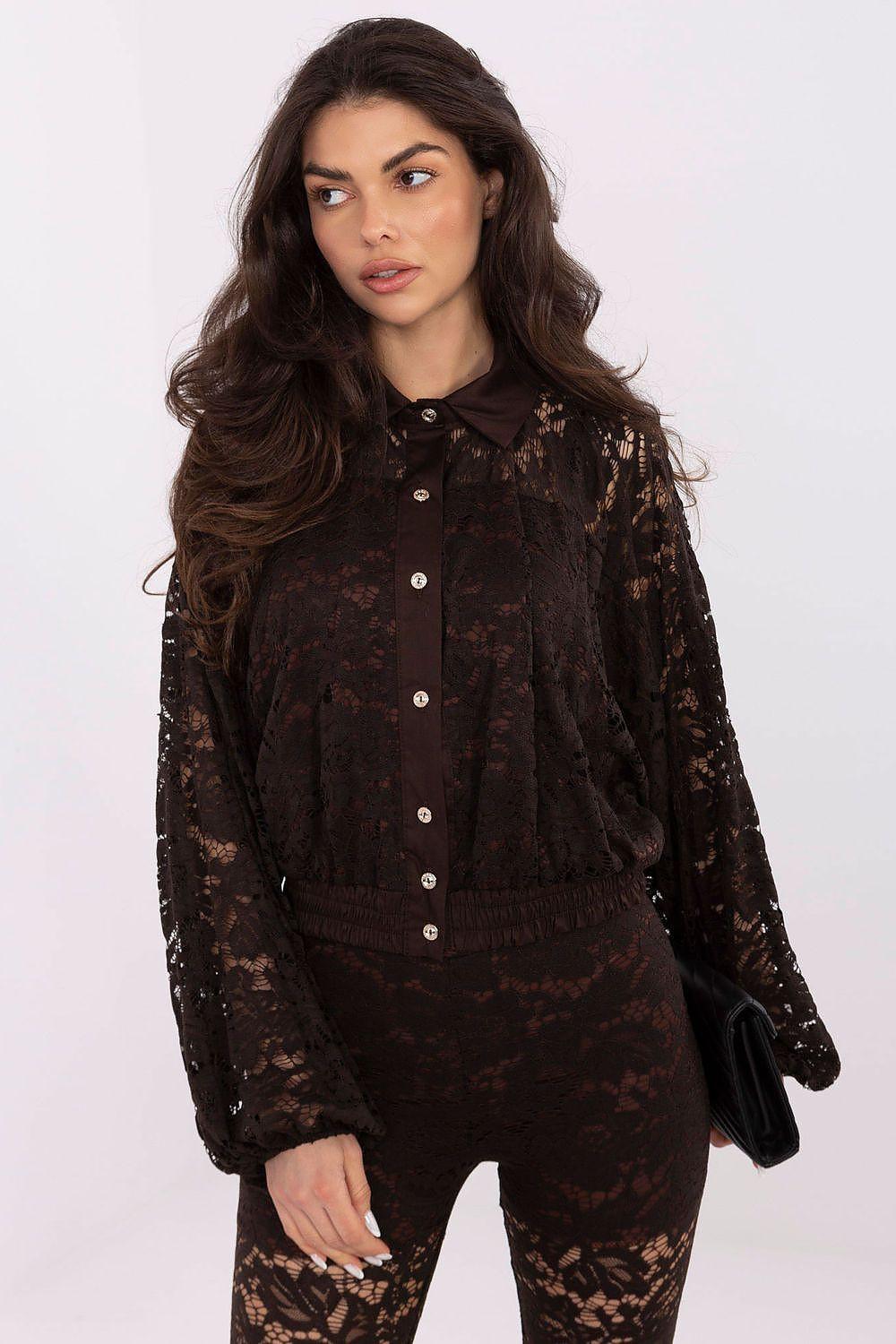 Lace long-sleeve shirt, dark lace with gold floral pattern, button front