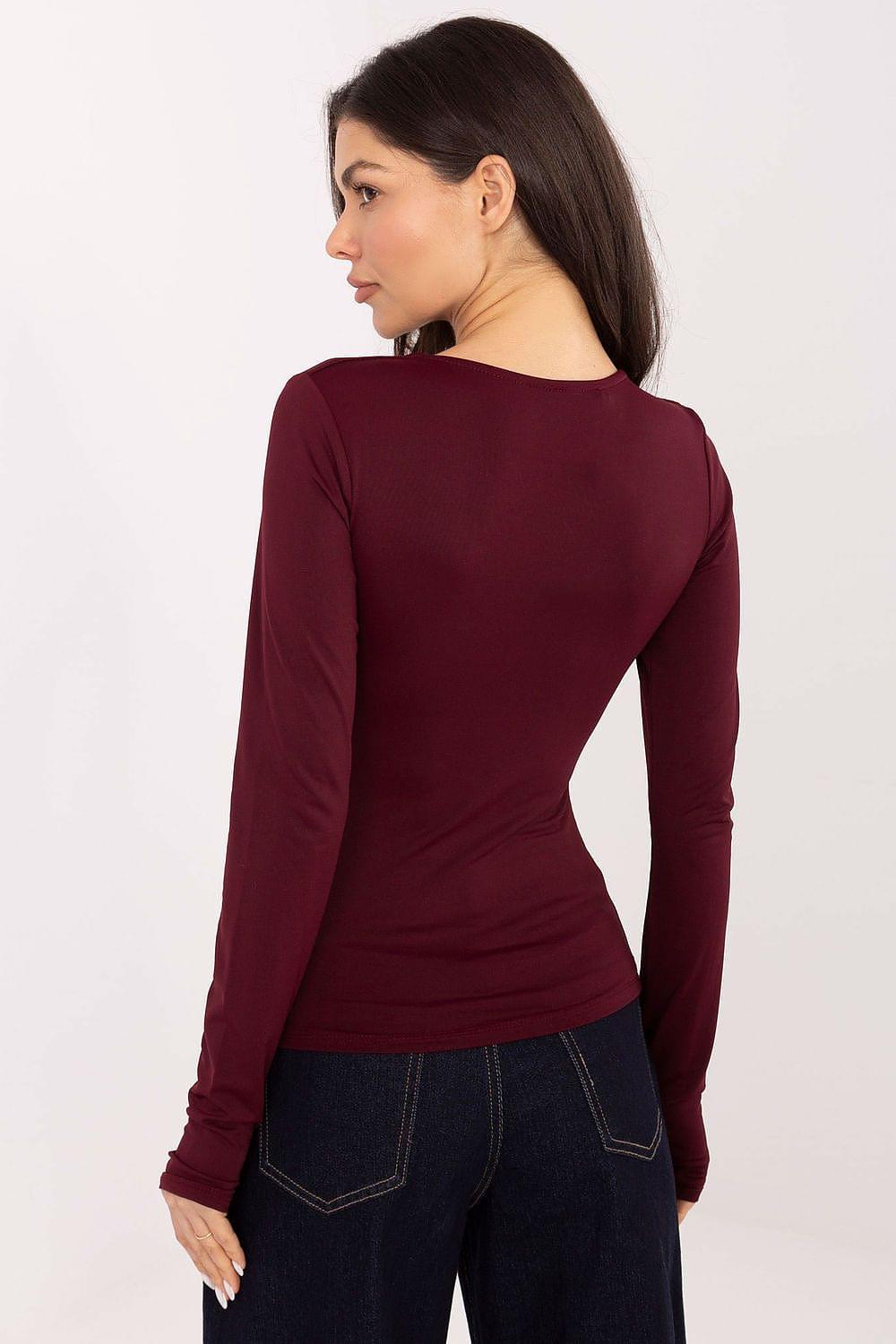Burgundy long-sleeve blouse with V-neck and fitted back silhouette