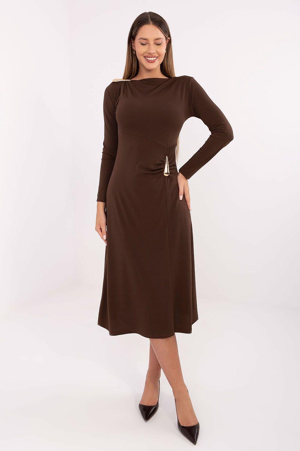 Brown midi daydress with long sleeves, fitted waist and keyhole front detail