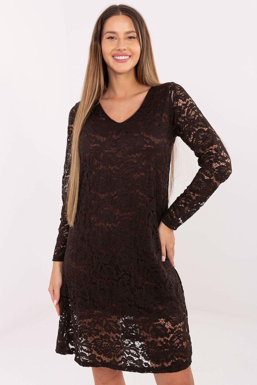 Brown lace evening dress with V-neck and 3/4 sleeves, fitted A-line hem