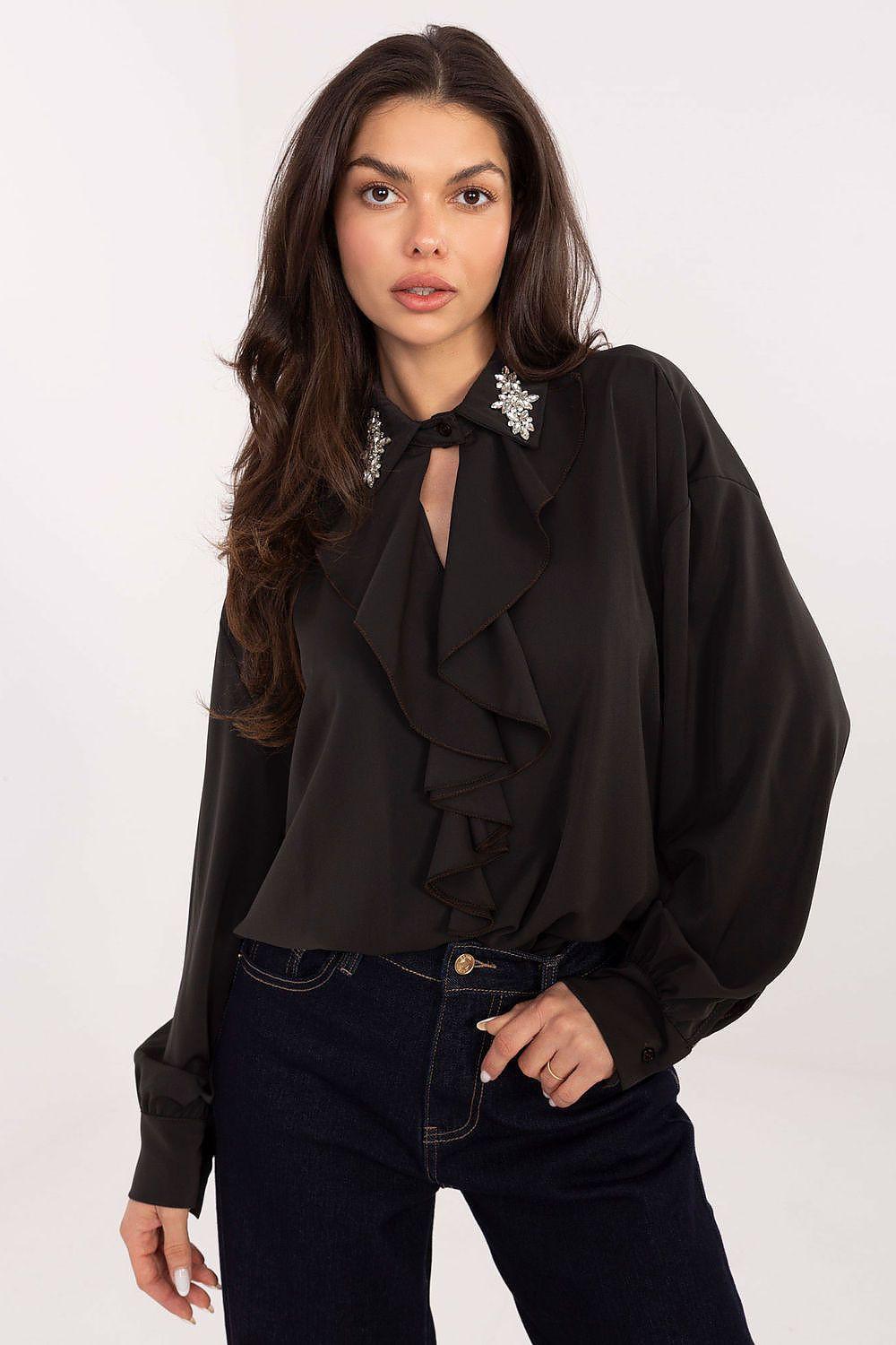 Black embellished-collar blouse with ruffled front detail and tie neckline