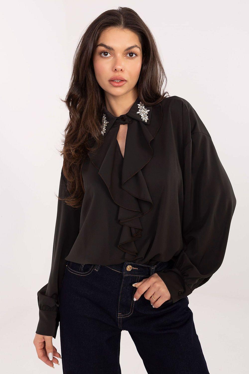 Black ruffle-neck blouse with long sleeves and decorative collar detail