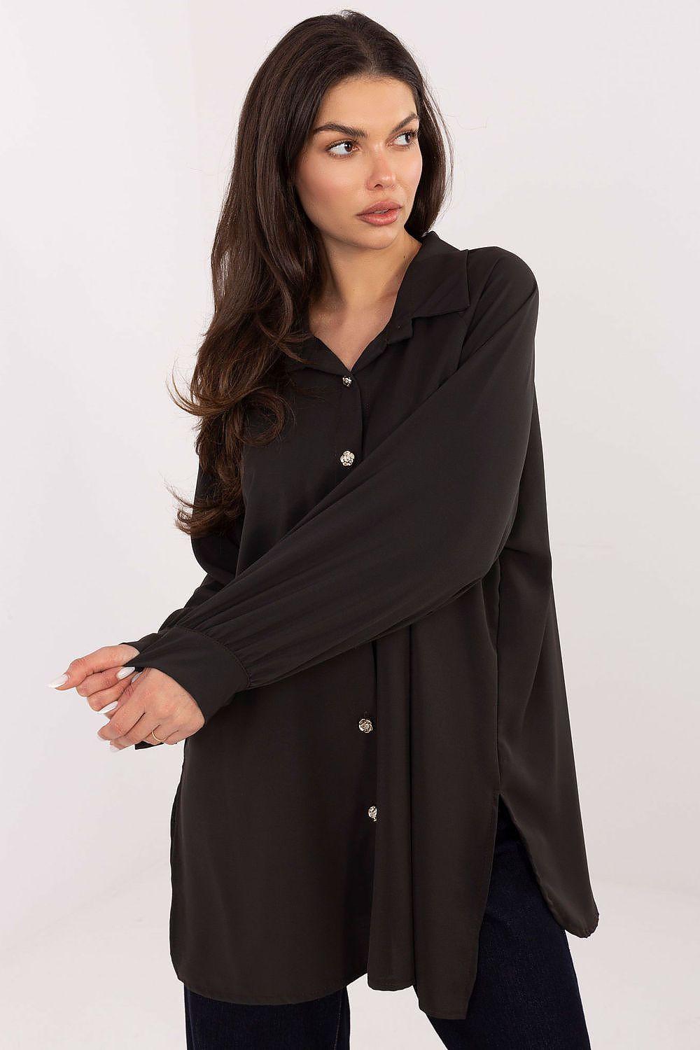 Women’s long-sleeve shirt, black, button-up front with small decorative buttons