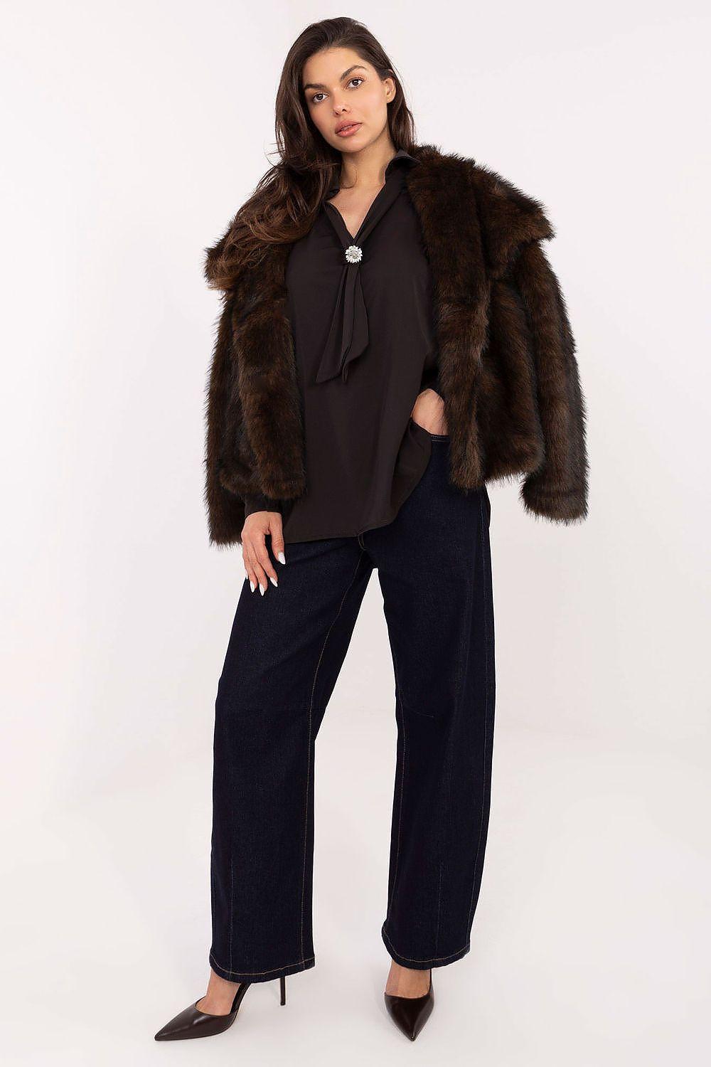 Black long-sleeve blouse with tie-neck detail and round button at the collar