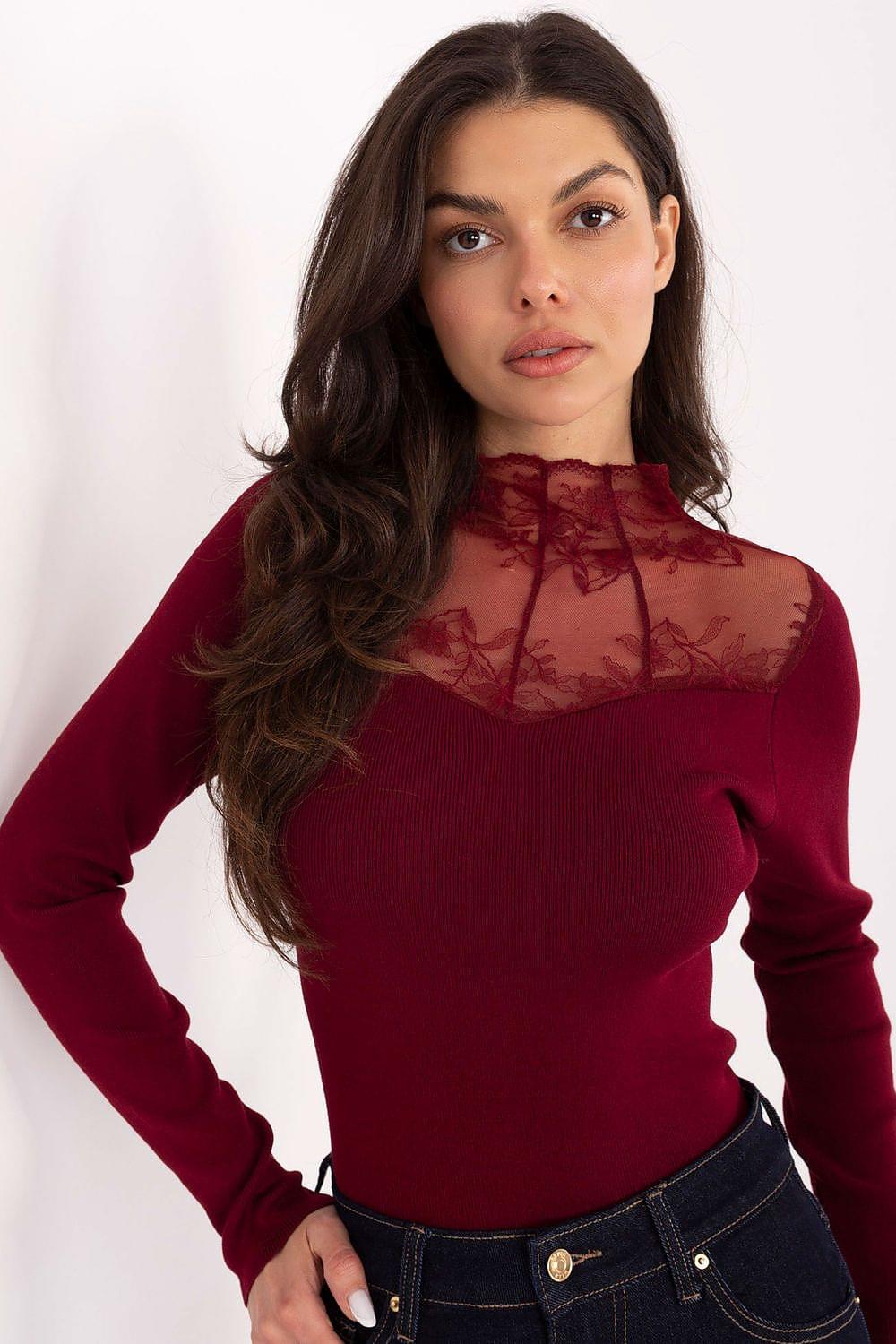 Burgundy long-sleeve blouse with high neck sheer lace panel and floral lace detailing