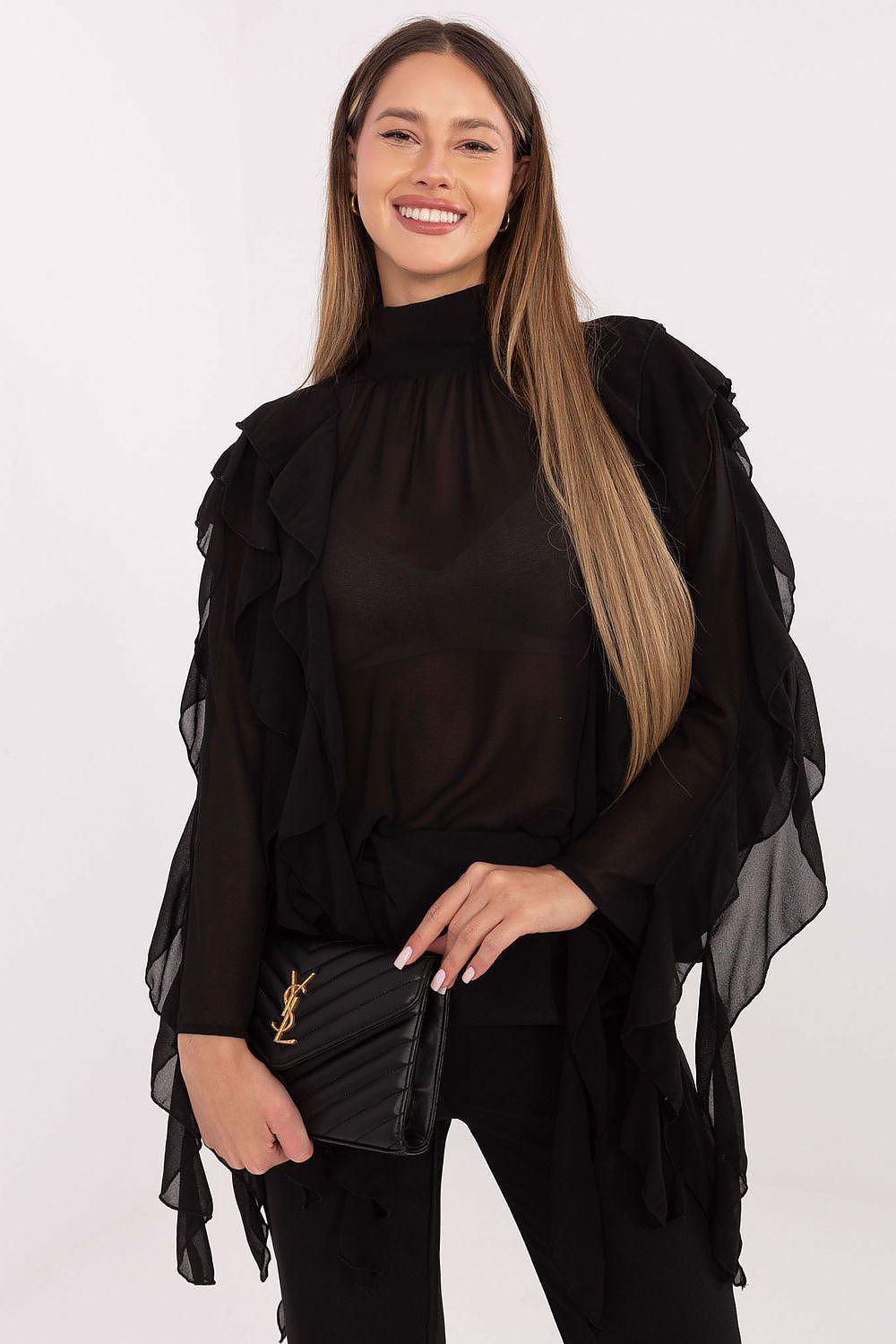 Black ruffle neck sheer blouse with layered shoulder ruffles and long sleeves