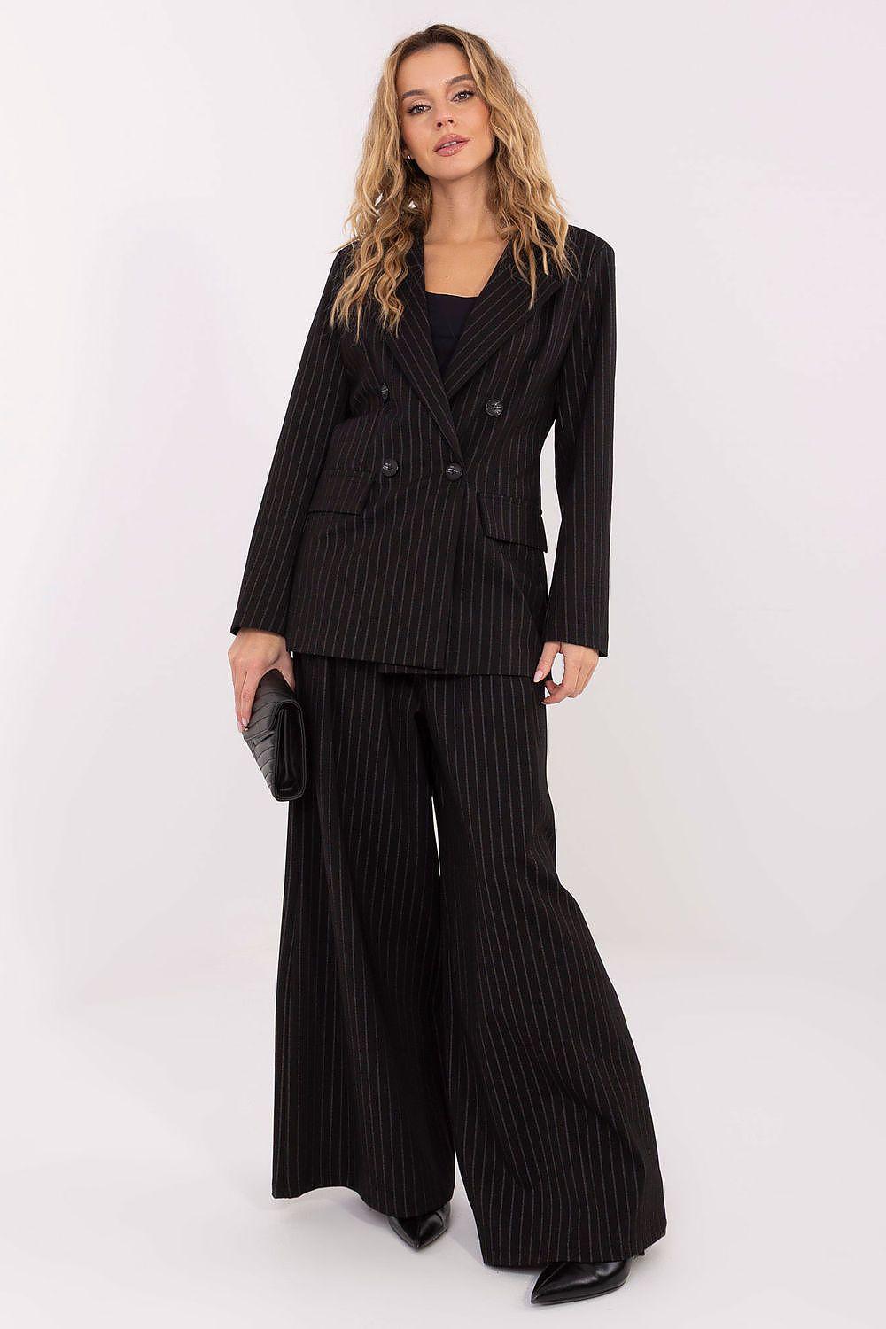 High-waist black pinstripe palazzo trousers, wide-leg silhouette