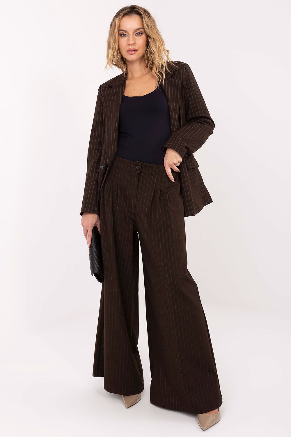 Women’s pinstripe wide-leg trousers, dark brown, high waist with belt loops