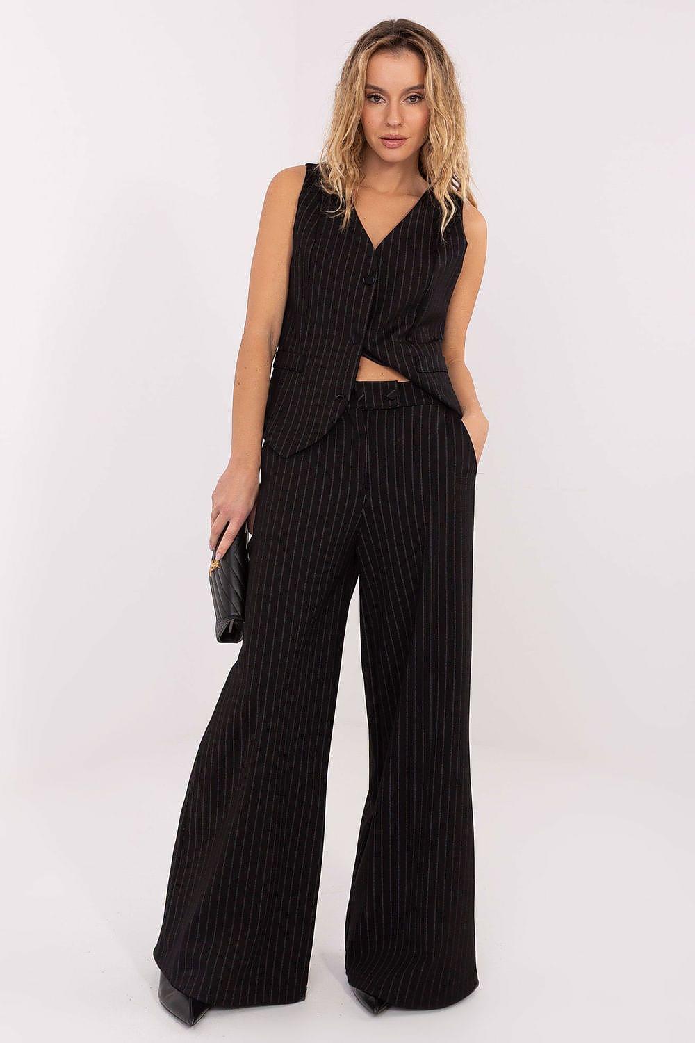 Black pinstripe wide-leg trousers with front pleats and wide waistband