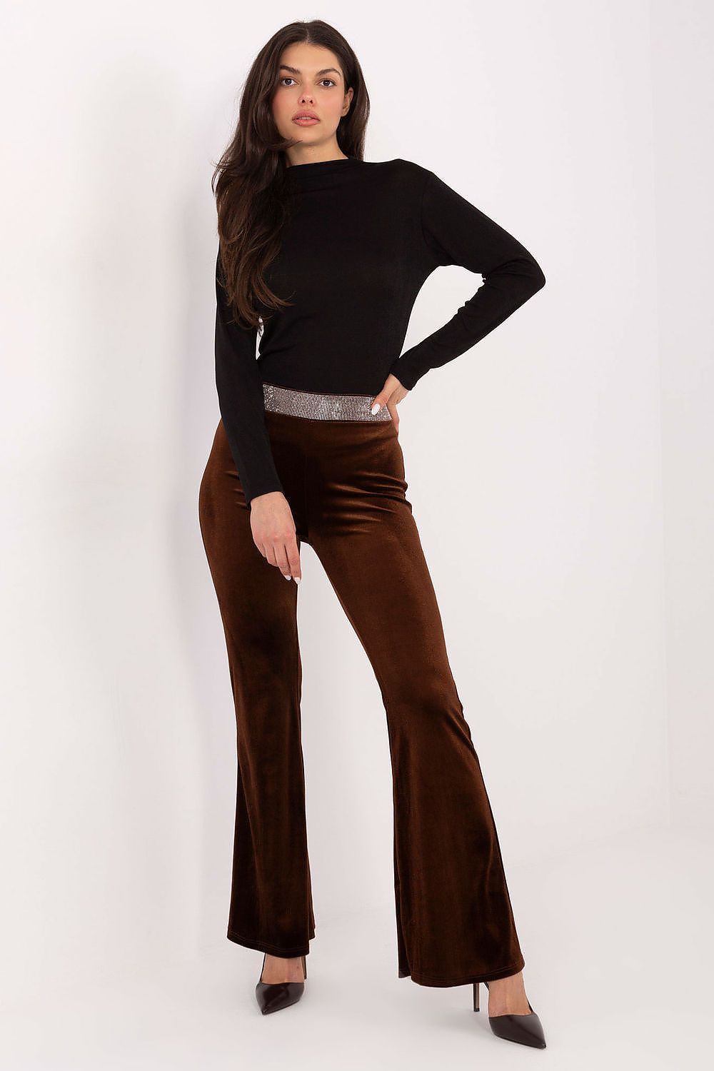 Women’s brown high-waist flared trousers, long bootcut legs