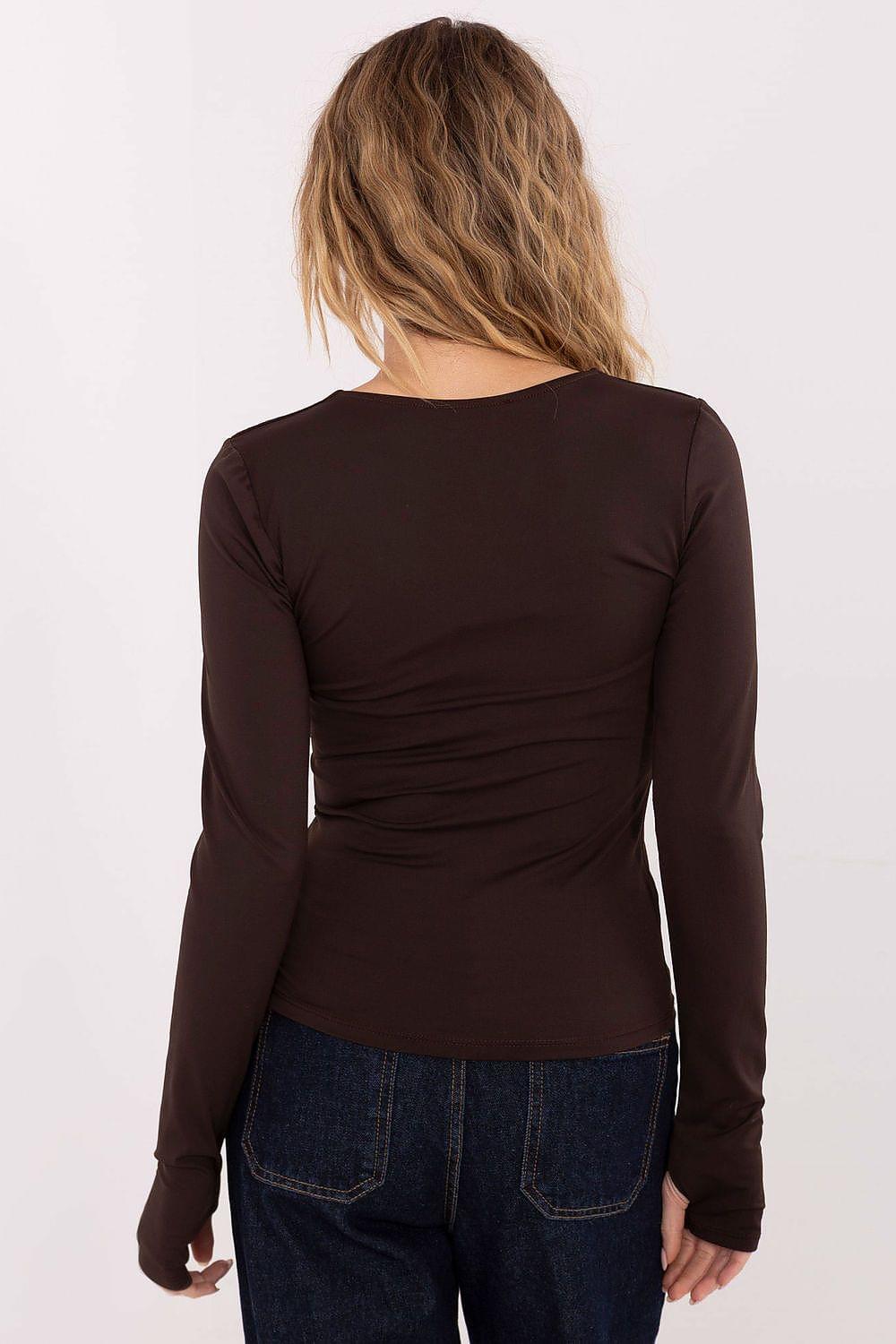 Dark brown long-sleeve blouse with V-neck and ruched waist