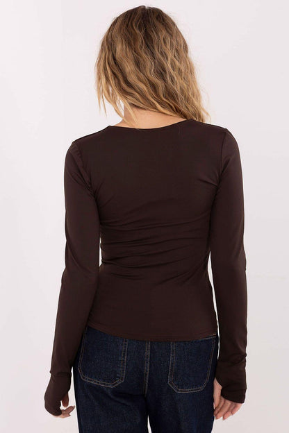 Dark brown long-sleeve blouse with V-neck and ruched waist