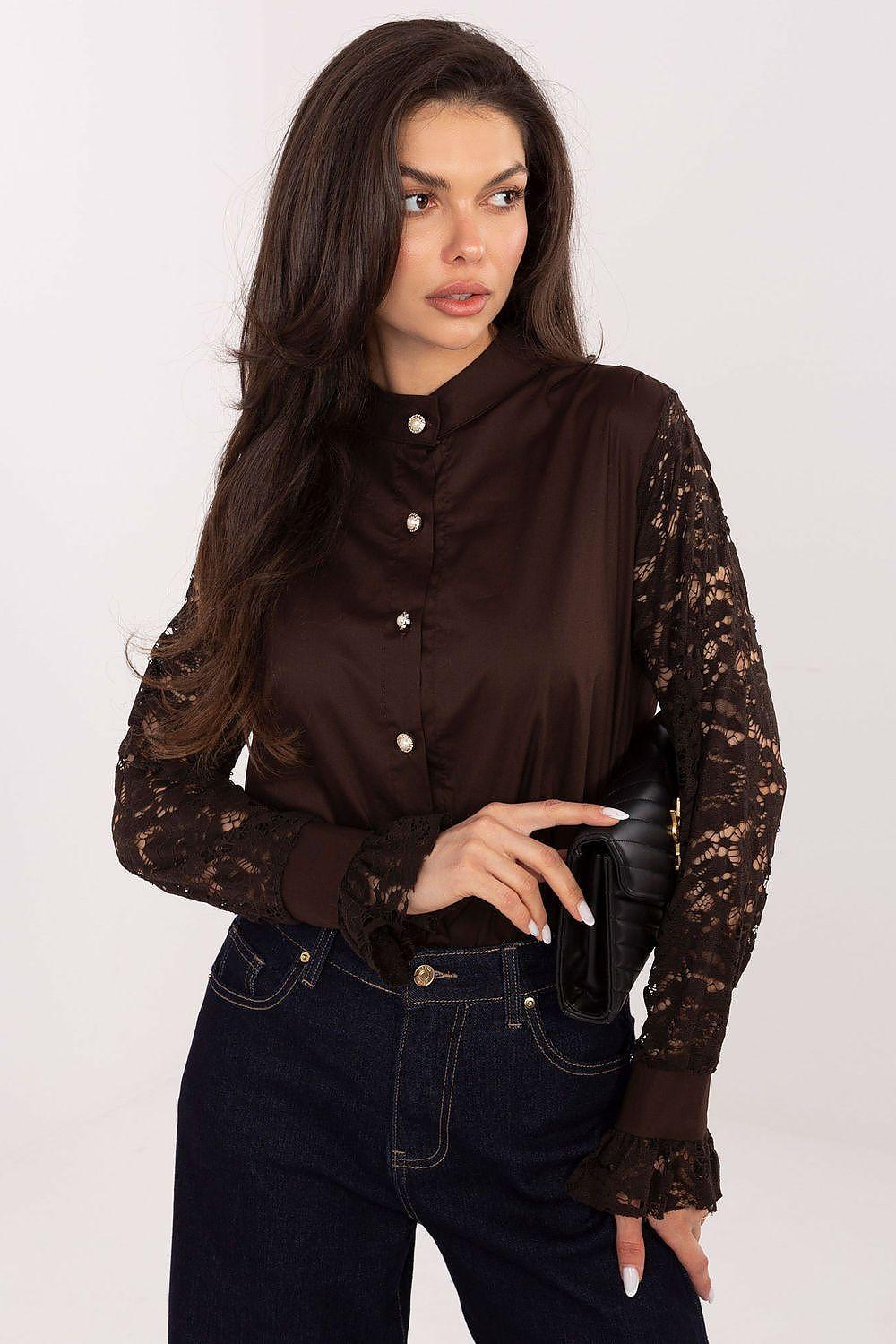 Brown lace-sleeve button-up blouse with stand collar and button front