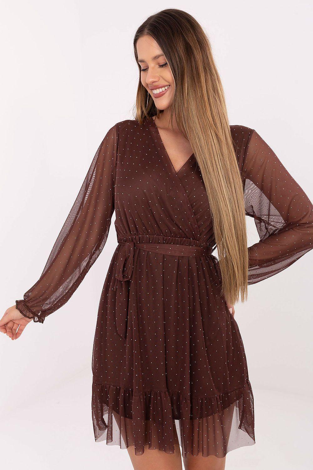 Brown short dress with V-neck, sheer long sleeves, dotted pattern, layered tulle hem