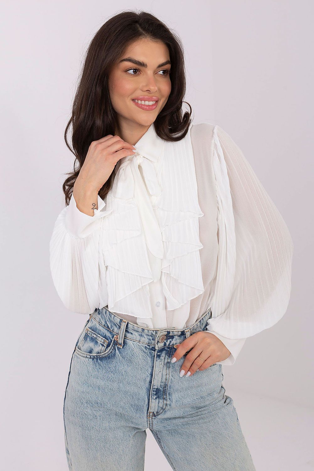 White pleated long-sleeve shirt with layered jabot ruffle front