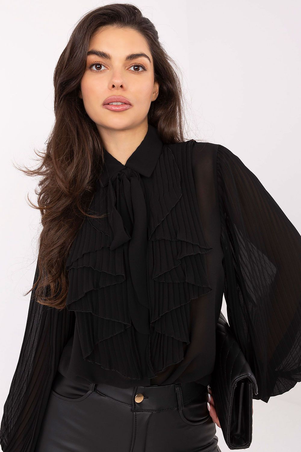 Black pleated long-sleeve shirt with ruffled jabot front and stand collar
