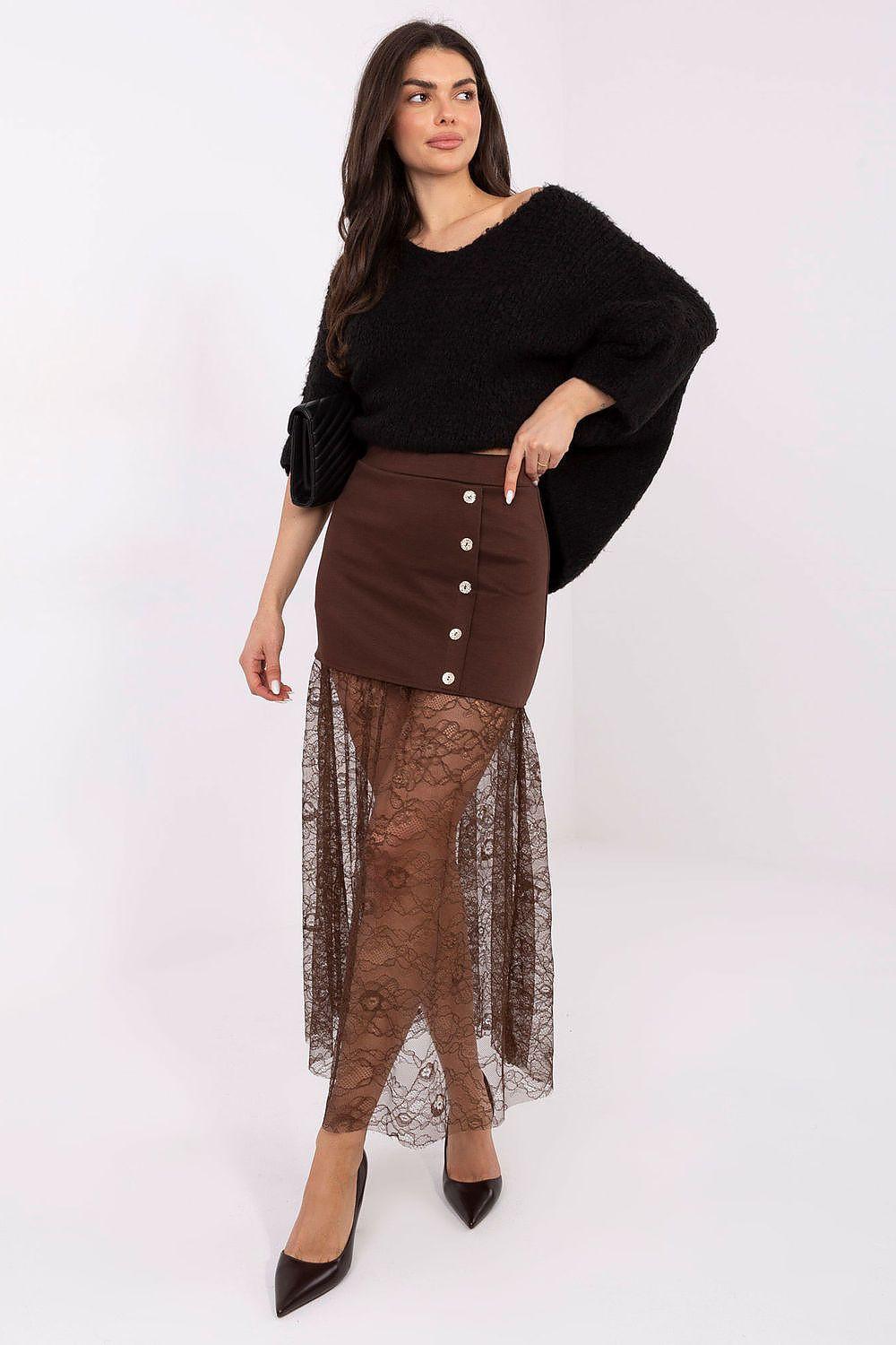 Brown midi skirt with lace insert and button front, layered hem
