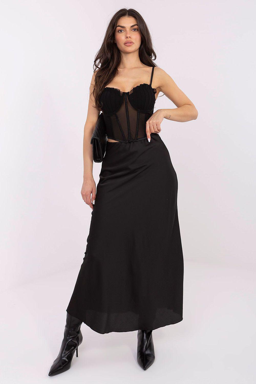 Black high-waist satin long skirt with flowing, straight silhouette