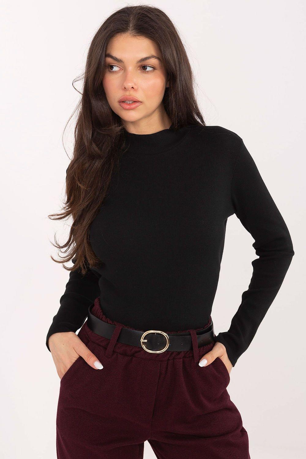 Black long-sleeve blouse with high neckline and fitted waist