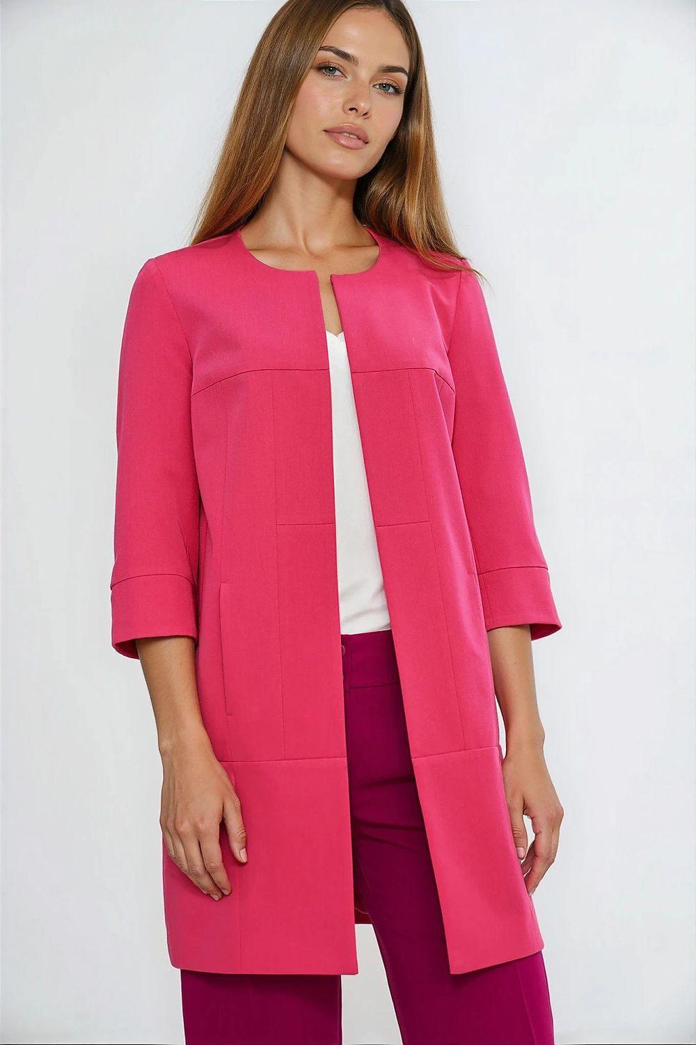 Women's pink blazer jacket with 3/4 sleeves, open front, patch pockets
